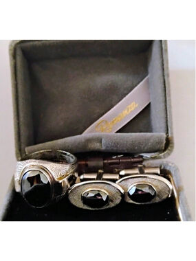 Men's Silver Tone Ring & Cufflinks Set w/Black Stones